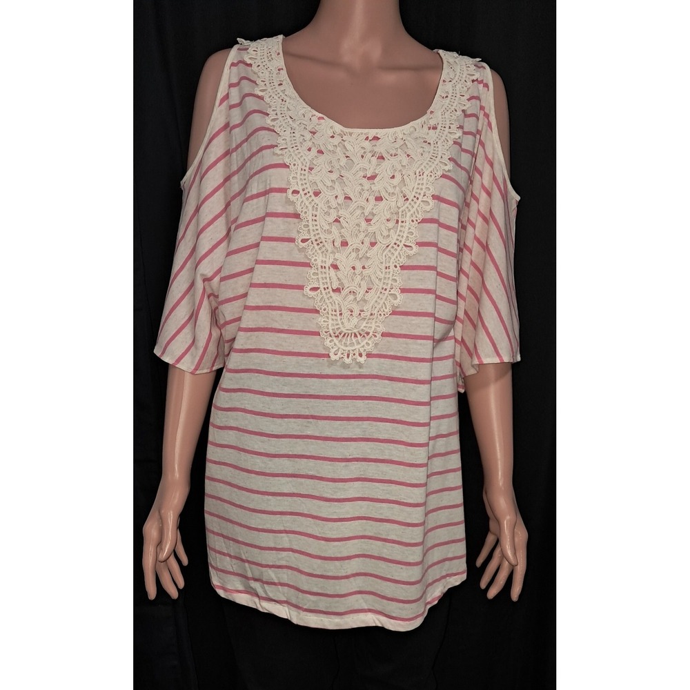 Bit & Bridle Open Shoulder Top, White w/Pink Stripes, Size‎ 2X